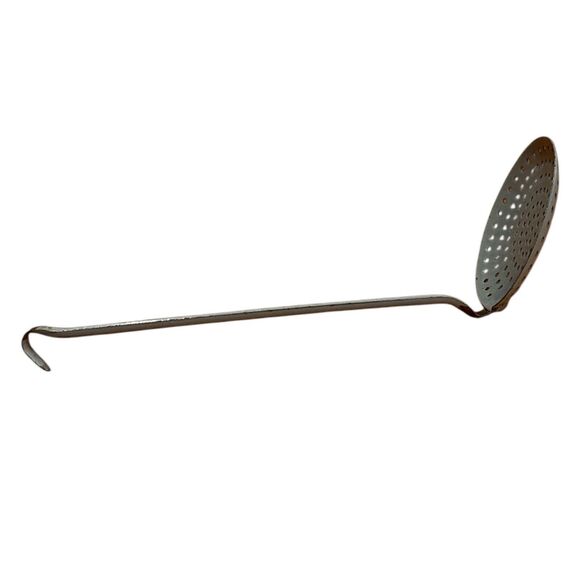 Gray Strainer Bent Skimmer Dipper Graniteware Enamel Handled Vintage Primitive - Picture 5 of 5